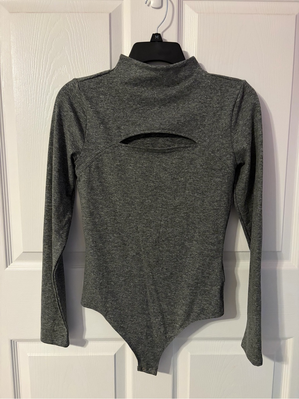 Express body Contour Gray Long-Sleeve Mock Neck Bodysuit with Front Cutout